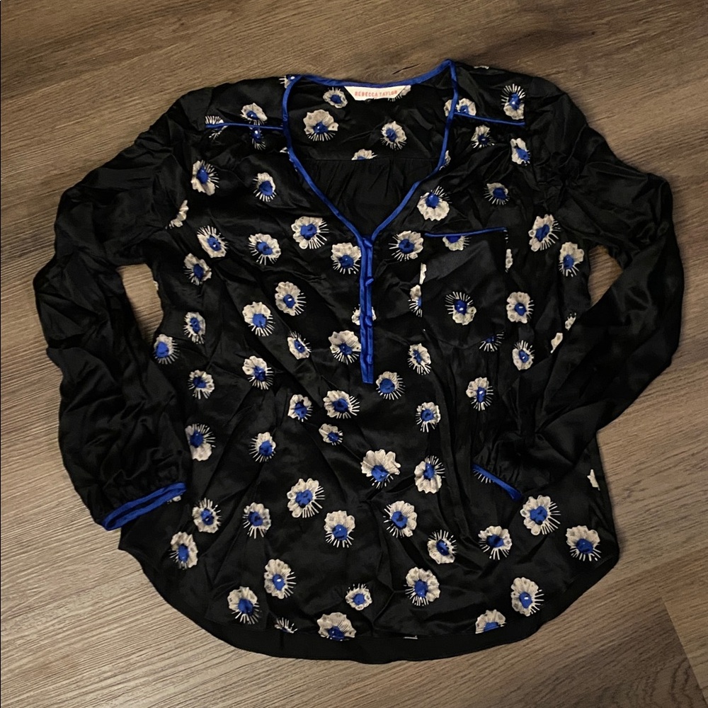 Rebecca Taylor Top Women 6 Black Cobalt Starflower Dark Floral Silk Boho Peasant